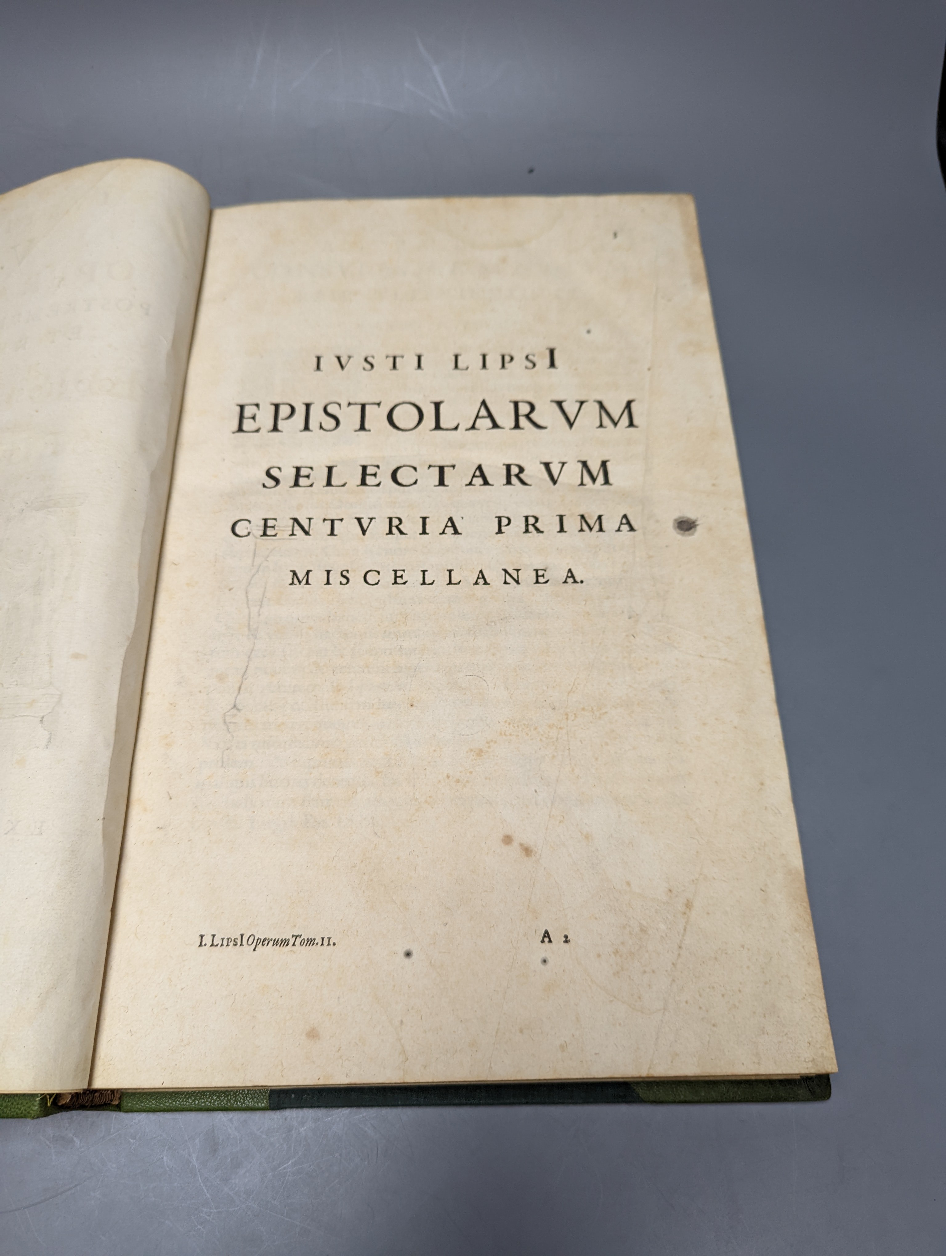 Lipsius, Justus - Opera Omnia ... 4 vols. some text engravings; recently rebound green half morocco and cloth, gilt-lettered and panelled spines, folio. Antwerp: ex officina Plantiniana